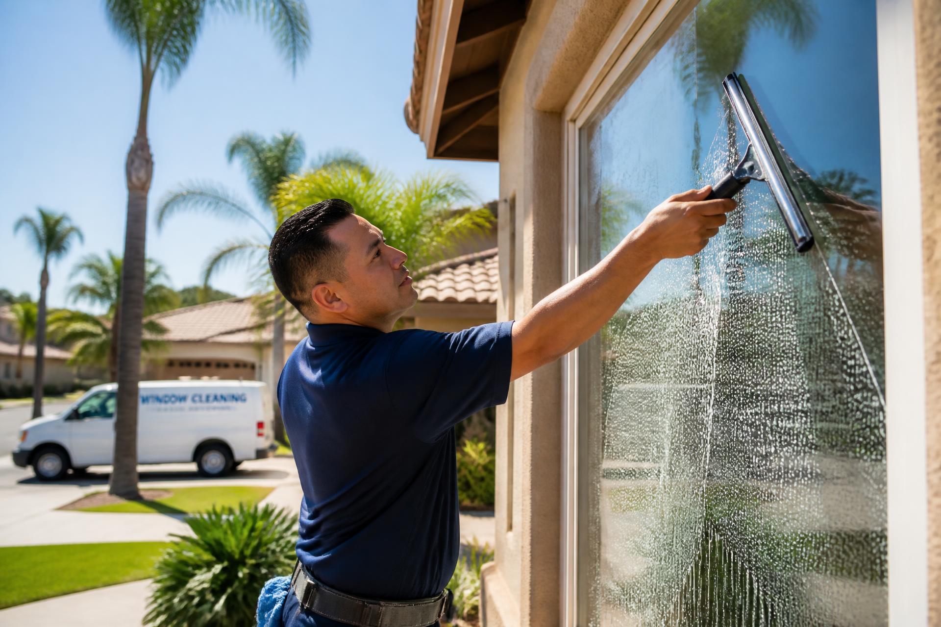 Pane In The Glass Team technician cleaning a window on a San Gabriel Valley home
